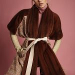 Mink cape in rossete color with tweed fabric & leather piping