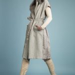 Belted ice swakara & wool long vest with fox colar