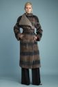 Double breasted collarless long mink coat in petrol multi color & wool lapels