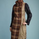 Asymmetric front coat in two tones of swakara with checked fabric