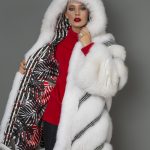Hooded sport natural White Fox Jacket with diagonal Wool stripped  trims & PKZ logo fabric
