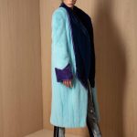 Collarless let-out Mink long coat in Angel Blue with lapels & pulses in Violet Argento