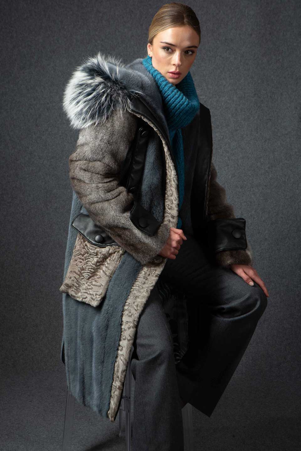Finn Racoon trim hooded Mink parka/coat in denim-like hue & Srardust Mink  sleeves – PKZ Furstore