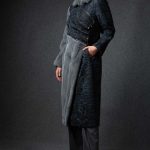 Asymmetric Swakara Coat in Navy Blue with one sleeve & front in Assensio color Mink