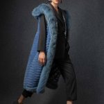 Hooded crafted Mink long Vest in Ultramarine color with Lynx trim