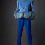 Sheared Ultramarine color Mink bolero jacket collarless with Lynx & shimmering leather trim