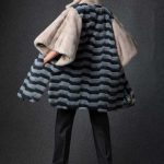 Linear crafted pattern Mink long cape in two tones of blue with cropped wide cone sleeves