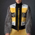 Collarless short Bolero/Jacket in Stardust, Black-Cross & Spectra Yellow Mink with Silver Fox Sleeves