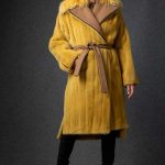 Trench style Mink coat in Nugget Gold color with longer back hem & Finn Racoon collar