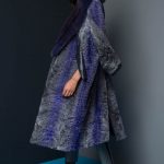 Violet & Grey shade Swakara long Coat in Navy Blue with elongated Sable collar & shinny fabric details