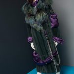 Pine color Mink long coat with Fox collar, shinny water repellent oversized patch pockets & trims