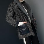 Grey-navy shade Swakara Jacket with elongated Mink collar & shinny water repellent quilted fabric patch pockets