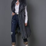 Trench style Mink Vest in Blue tone with Fox collar & shimmering fabric lapels & pocket flaps