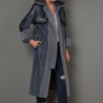 Trench style Mink Coat in two blue shades with shimmering fabric flaps